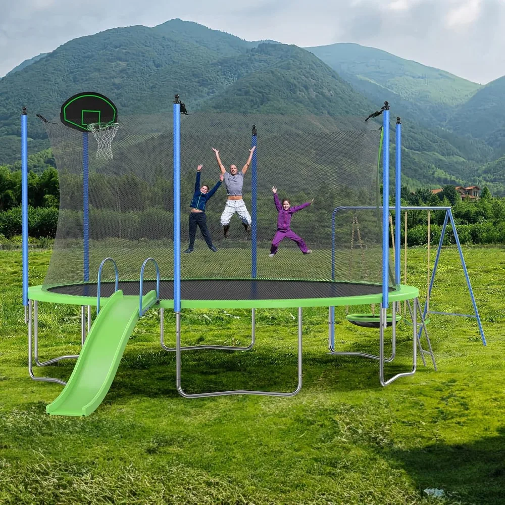 Kids Outdoor Swing Set With Slide - US Shipping 12-14FT Trampoline Set with