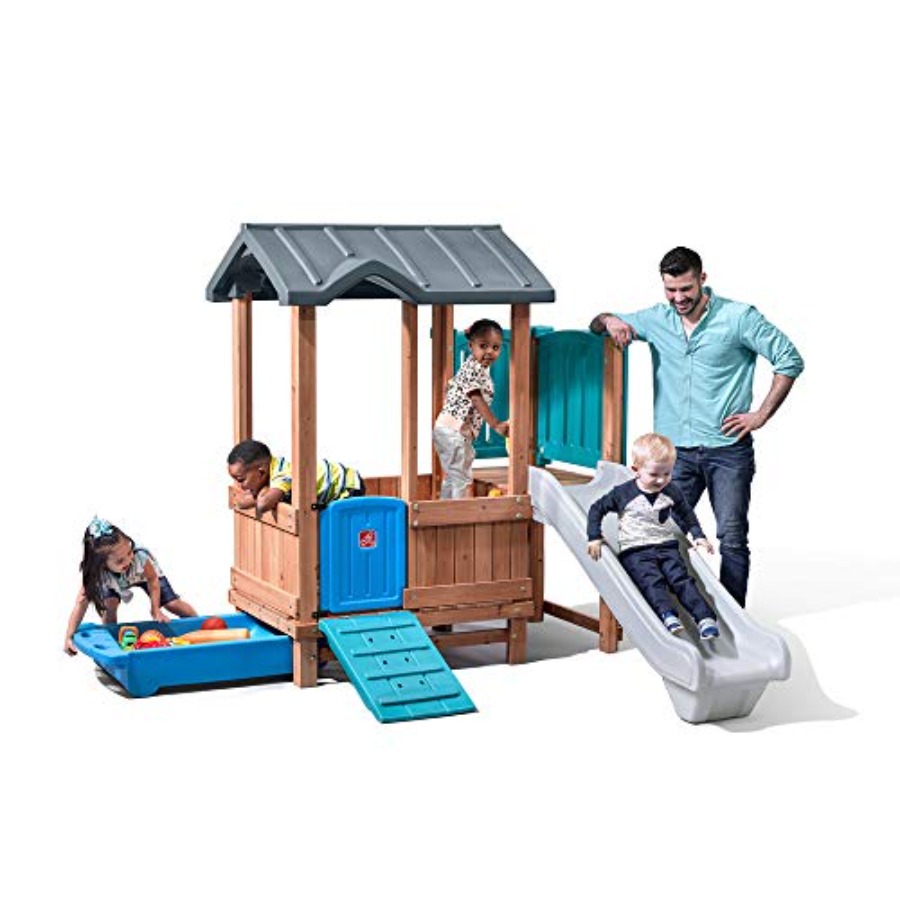 Kids Outdoor Swing Set With Slide - Woodland Adventure Playhouse & Slide, Kids