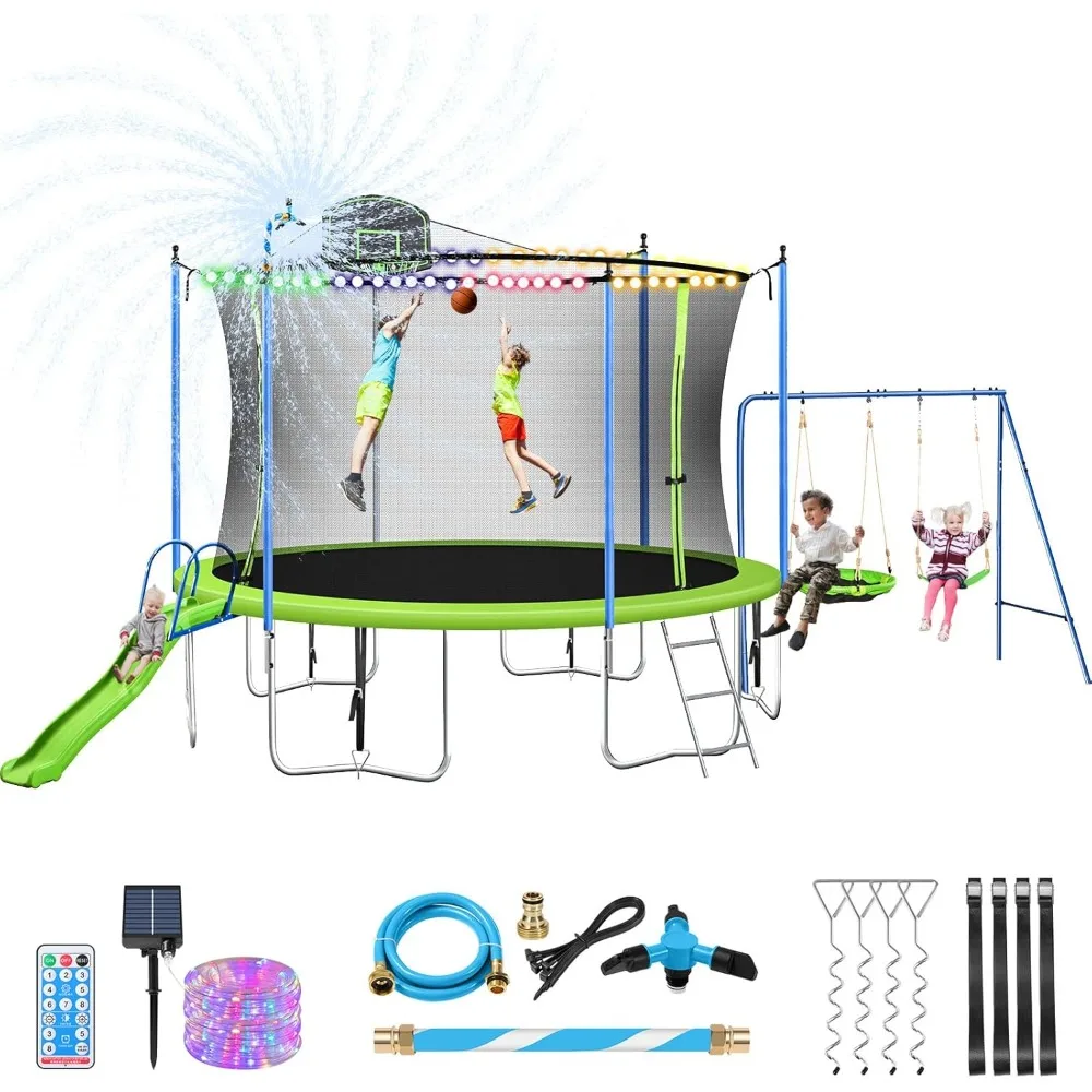 US Shipping 12-14FT Trampoline - Kids Outdoor Swing Set With Slide recension och pris