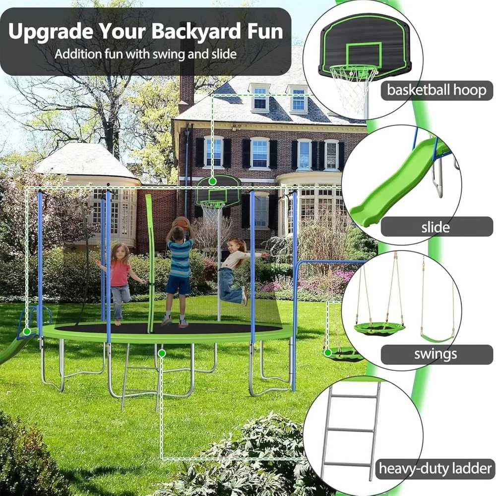 US Shipping 12-14FT Trampoline - Kids Outdoor Swing Set With Slide recension och pris